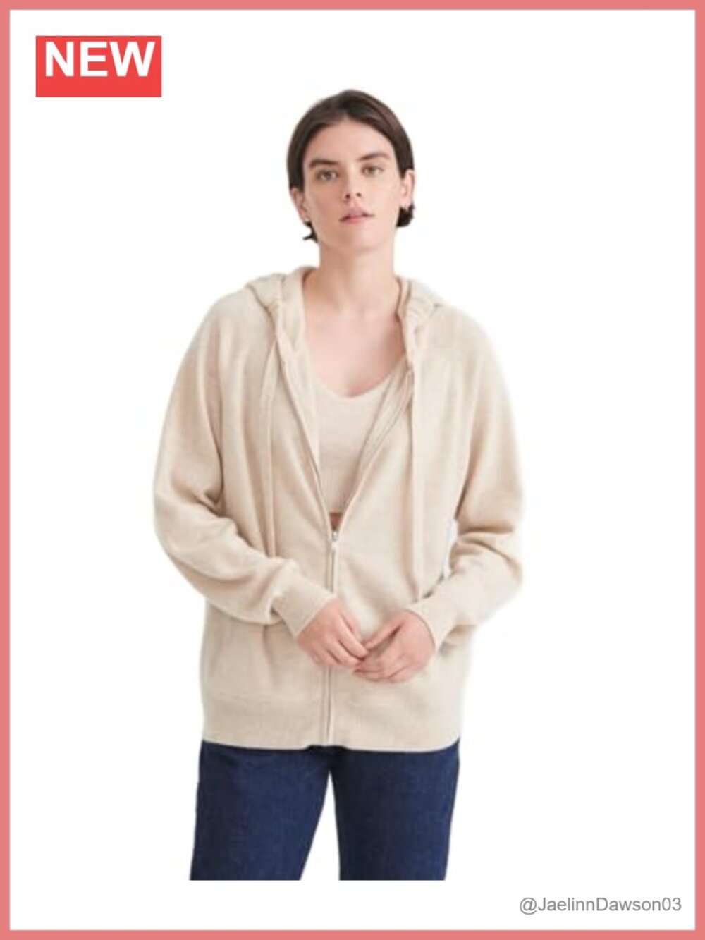 100% Cashmere Zip Up Hoodie Cardigan Long Sleeve Relaxed Fit